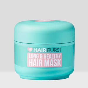 Turquoise jar of 'Hair Burst Long & Healthy Hair Mask' on a light gray background